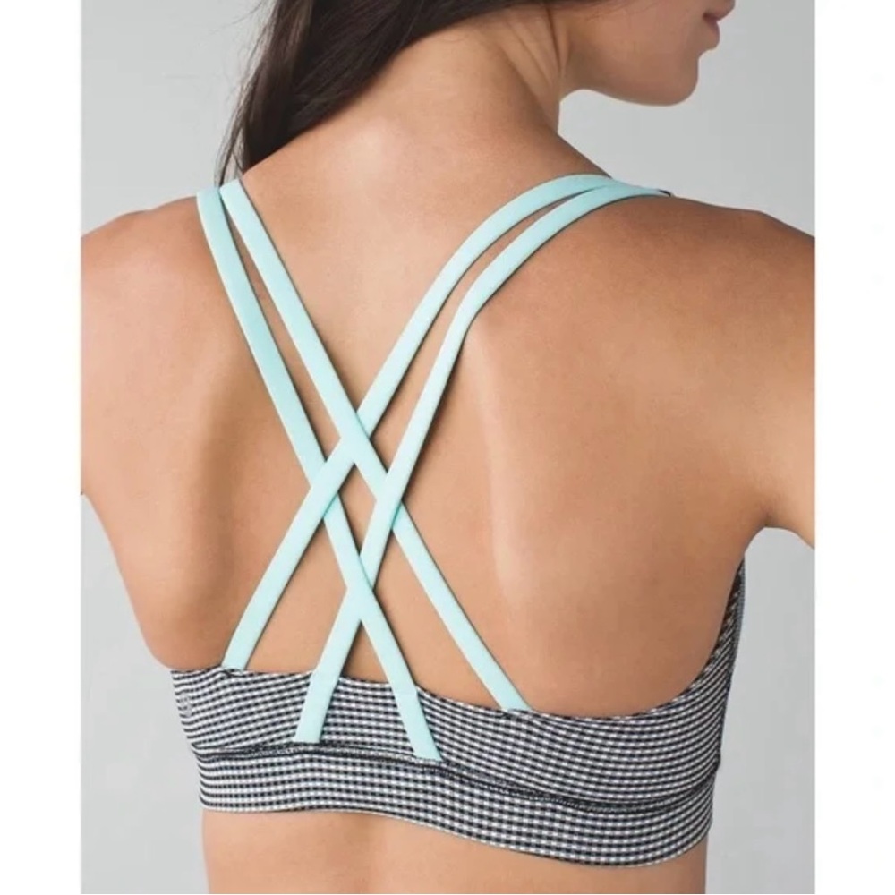 LULULEMON Black and White checked Sports Bra with Turquoise Straps